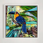 Charger l'image dans la galerie, Tableau représentant des toucans colorés perchés sur une branche dans une jungle luxuriante