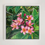 Charger l'image dans la galerie, toile tropicale fleurs de plumeria ou frangipani, pour une décoration murale poétique et bohème