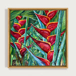Charger l'image dans la galerie, Peinture d'une fleur tropicale Héliconia aux tons orange vif sur fond de jungle verte.