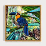 Charger l'image dans la galerie, Tableau représentant des toucans colorés perchés sur une branche dans une jungle luxuriante