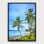 Charger l'image dans la galerie, Tableau tropical, océan et plage recouverte de palmiers, pour une déco murale exotique et dépaysante.