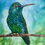 Charger l'image dans la galerie, Peinture nature Colibri vert et bleu Tableau oiseau tropical