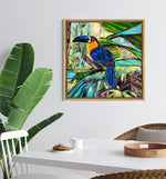 Charger l'image dans la galerie, Tableau représentant des toucans colorés perchés sur une branche dans une jungle luxuriante