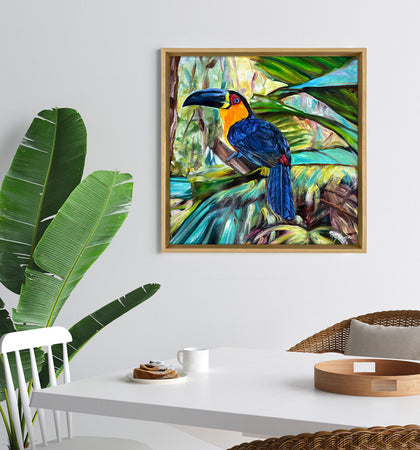 Tableau représentant des toucans colorés perchés sur une branche dans une jungle luxuriante