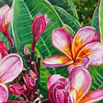 Charger l'image dans la galerie, peinture fleurie tropicale fleurs de plumeria roses ou frangipani, pour une déco murale exotique et bohème.