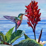 Charger l'image dans la galerie, Peinture tropicale, un colibri aux reflets verts et bleus butinant parmi les fleurs exotiques, pour une décoration murale lumineuse et raffinée.