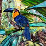 Charger l'image dans la galerie, Tableau représentant des toucans colorés perchés sur une branche dans une jungle luxuriante