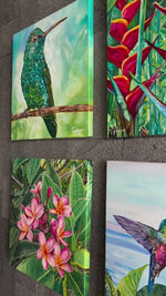 Charger et lire la vidéo dans la visionneuse de la Galerie, Peinture nature Colibri vert et bleu Tableau oiseau tropical