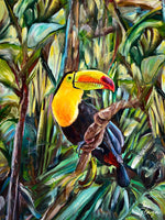 Charger l'image dans la galerie, Tableau tropical et nature d’un toucan tropical, chantant dans la jungle exotique entouré de feuilles de palmier et d’arbres : une peinture d’animal colorée, décoration végétale et moderne pour art mural contemporain et design