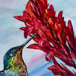 Charger l'image dans la galerie, Peinture nature et exotique, un colibri aux reflets verts et bleus butinant parmi les fleurs tropicales, pour une décoration murale solaire et elegante.
