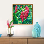 Charger l'image dans la galerie, Tableau de fleurs tropicales Alpinias rouges, ou gingembre rouge, pour une déco murale fleurie et exotique.