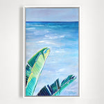 Charger l'image dans la galerie, Tableau tropical feuilles de bananier et peinture d’un paysage d’océan turquoise pour déco murale nature exotique et bohème