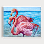 Charger l'image dans la galerie, Peinture flamants roses tableau d’oiseaux exotiques, deux flamants roses sur la plage, pour une déco murale à l’ambiance paradisiaque et jungalow.
