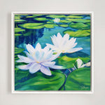 Charger l'image dans la galerie,  Peinture fleurs (waterlily painting) de nénuphars tropical et nature colorée, d’un tableau contemporain coloré et vibrant de vert et de blanc, de nymphéas blancs fleuri pour déco murale boheme et botanique