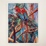 Charger l'image dans la galerie, Peinture tropicale perroquets dans un tableau jungle et nature d’un paysage d’animaux sauvages représentant un couple de Ara macao rouge dans la jungle avec la végétation des palmiers aux feuilles multicolores pour une décoration exotique