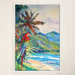 Charger l'image dans la galerie, peinture tropical et nature d’un paysage de plage et de montagne avec le perroquet Ara Macao rouge avec palmiers cocotier aux feuilles multicolores devant la montagne et sur un ciel bleu de vacances pour une déco murale bord de mer et moderne