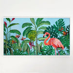 Charger l'image dans la galerie, Peinture à l'huile flamant rose et fleurs tropicales jungle et nature d’une fresque d’oiseaux exotiques et sauvages des îles.