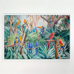 Charger l'image dans la galerie, Peinture jungle toile nature tableau perroquets et toile tropicale d’une fresque exotique et multicolore de la forêt représentant des toucans et ara macaw perroquet rouge et bleus et de conure soleil dans la jungle avec la végétation des palmiers aux feuilles de palmiers pour une déco moderne