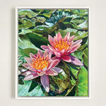 Charger l'image dans la galerie, Peinture nenuphar waterlily Tableau sur toile de paysage nature, un couple de fleurs de nénuphars s’ouvrent, pour une déco murale chic et tropicale.