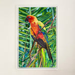 Charger l'image dans la galerie, Tableau sur toile de perruche soleil aratinga solstitialis sur fond de jungle, déco murale exotique et tropicale aux couleurs de l’arc-en-ciel