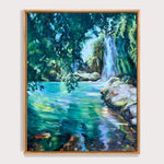 Charger l'image dans la galerie, Peinture cascade de tableau de paysage nature, une crique ensoleillée un cours d'eau qui s’écoule le long d’un mur moussu, pour une deco murale naturelle et zen