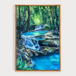 Charger l'image dans la galerie, Deco zen avec peinture eau et cascade dans la nature d'un tableau coloré à l'huile sur toile pour une ambiance naturelle de forêt enchantée et magique.