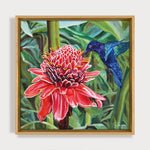 Charger l'image dans la galerie, Tableau d’oiseau exotique Colibri ou oiseaux-mouches se nourrissant d’une rose de porcelaine Etlingera, fleur des forêts tropicales des îles antilles Martinique au jardin de balata pour une déco jungle, nature et moderne