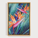 Charger l'image dans la galerie, Tableau peinture à l’huile fleurs tropicales sur toile d’Oiseaux du Paradis, strelitzias, fleurs tropicales exotiques pour une déco murale de jungle multicolore.