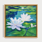 Charger l'image dans la galerie, Peinture fleurs (waterlily painting) de nénuphars tropical et nature colorée, d’un tableau contemporain coloré et vibrant de vert et de blanc, de nymphéas blancs fleuri pour déco murale boheme et botanique