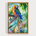 Charger l'image dans la galerie, Tableau tropical et nature d’un paysage de perroquet Ara Macaw jaune et bleu sur fond de palmiers et cocotiers aux feuilles multicolores pour une déco murale vacances, bord de mer et moderne