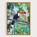 Charger l'image dans la galerie, Peinture jungle sur une toile avec un toucan toco sur une branche devant les feuilles de palmiers pour un tableau animalier et exotique.