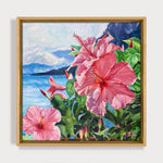 Charger l&#39;image dans la galerie, Peinture hibiscus roses devant l&#39;ocean pour un tableau d&#39;art hawaii une toile tropical de paysage fleurie.
