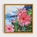 Charger l'image dans la galerie, Peinture hibiscus roses devant l'ocean pour un tableau d'art hawaii une toile tropical de paysage fleurie.