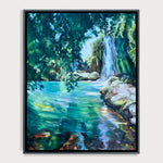 Charger l'image dans la galerie, Peinture cascade de tableau de paysage nature, une crique ensoleillée un cours d'eau qui s’écoule le long d’un mur moussu, pour une deco murale naturelle et zen