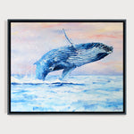 Charger l'image dans la galerie, peinture baleine bleue et nature d’un tableau mer marin rose pastel et bleu clair pour déco moderne et bord de mer représentant un cachalot sautant dans l’eau