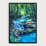 Charger l'image dans la galerie, Peinture eau et cascade dans la nature d'un tableau coloré à l'huile sur toile pour une deco zen et une ambiance de forêt enchantée et magique.
