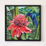 Charger l'image dans la galerie, Tableau d’oiseau exotique Colibri ou oiseaux-mouches se nourrissant d’une rose de porcelaine Etlingera, fleur des forêts tropicales des îles antilles Martinique au jardin de balata pour une déco jungle, nature et moderne