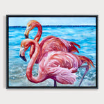 Charger l'image dans la galerie, Peinture flamants roses tableau d’oiseaux exotiques, deux flamants roses sur la plage, pour une déco murale à l’ambiance paradisiaque et jungalow.