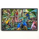 Charger l'image dans la galerie, Fresque tropicale d’un ensemble de perroquets Ara, de toucans et de cacatoès, pour une déco murale moderne et bohème.