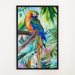 Charger l'image dans la galerie, Tableau tropical et nature d’un paysage de perroquet Ara Macaw jaune et bleu sur fond de palmiers et cocotiers aux feuilles multicolores pour une déco murale vacances, bord de mer et moderne