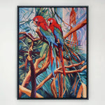 Charger l'image dans la galerie, Peinture tropicale perroquets dans un tableau jungle et nature d’un paysage d’animaux sauvages représentant un couple de Ara macao rouge dans la jungle avec la végétation des palmiers aux feuilles multicolores pour une décoration exotique