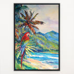 Charger l'image dans la galerie, peinture tropical et nature d’un paysage de plage et de montagne avec le perroquet Ara Macao rouge avec palmiers cocotier aux feuilles multicolores devant la montagne et sur un ciel bleu de vacances pour une déco murale bord de mer et moderne