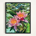 Charger l'image dans la galerie, Peinture nenuphar waterlily Tableau sur toile de paysage nature, un couple de fleurs de nénuphars s’ouvrent, pour une déco murale chic et tropicale.