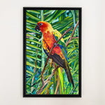 Charger l'image dans la galerie, Tableau sur toile de perruche soleil aratinga solstitialis sur fond de jungle, déco murale exotique et tropicale aux couleurs de l’arc-en-ciel