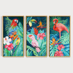 Charger l'image dans la galerie, Triptyque jungle tableau sur toile de déco murale nature exotique d’animaux avec fleurs et plantes sauvages représentant un Toucan, un Perroquet, un Cacatoès et des palmier tropicaux pour une ambiance jungle, jungalow et moderne.