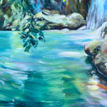 Charger l'image dans la galerie, Peinture cascade de tableau de paysage nature, une crique ensoleillée un cours d'eau qui s’écoule le long d’un mur moussu, pour une deco murale naturelle et zen