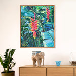 Charger l'image dans la galerie, Tableau de fleurs exotiques Heliconia rouges et oranges, paysage de la beauté de la nature sauvage des forêts tropicales de l’Amazonie d'Amérique du sud pour une déco mer, bohème, jungalow et moderne
