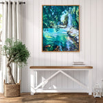 Charger l'image dans la galerie, Peinture cascade de tableau de paysage nature, une crique ensoleillée un cours d'eau qui s’écoule le long d’un mur moussu, pour une deco murale naturelle et zen