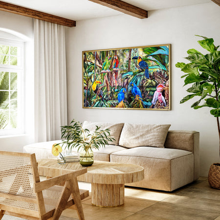 Fresque tropicale d’un ensemble de perroquets Ara, de toucans et de cacatoès, pour une déco murale moderne et bohème.
