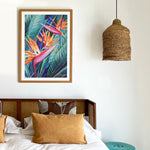 Charger l'image dans la galerie, Tableau peinture à l’huile sur toile d’Oiseaux du Paradis, strelitzias, fleurs tropicales exotiques pour une déco murale de jungle luxuriante.